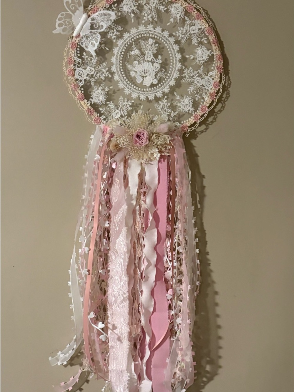 Handmade Pink and White Lace Dreamcatcher Wall Hanging